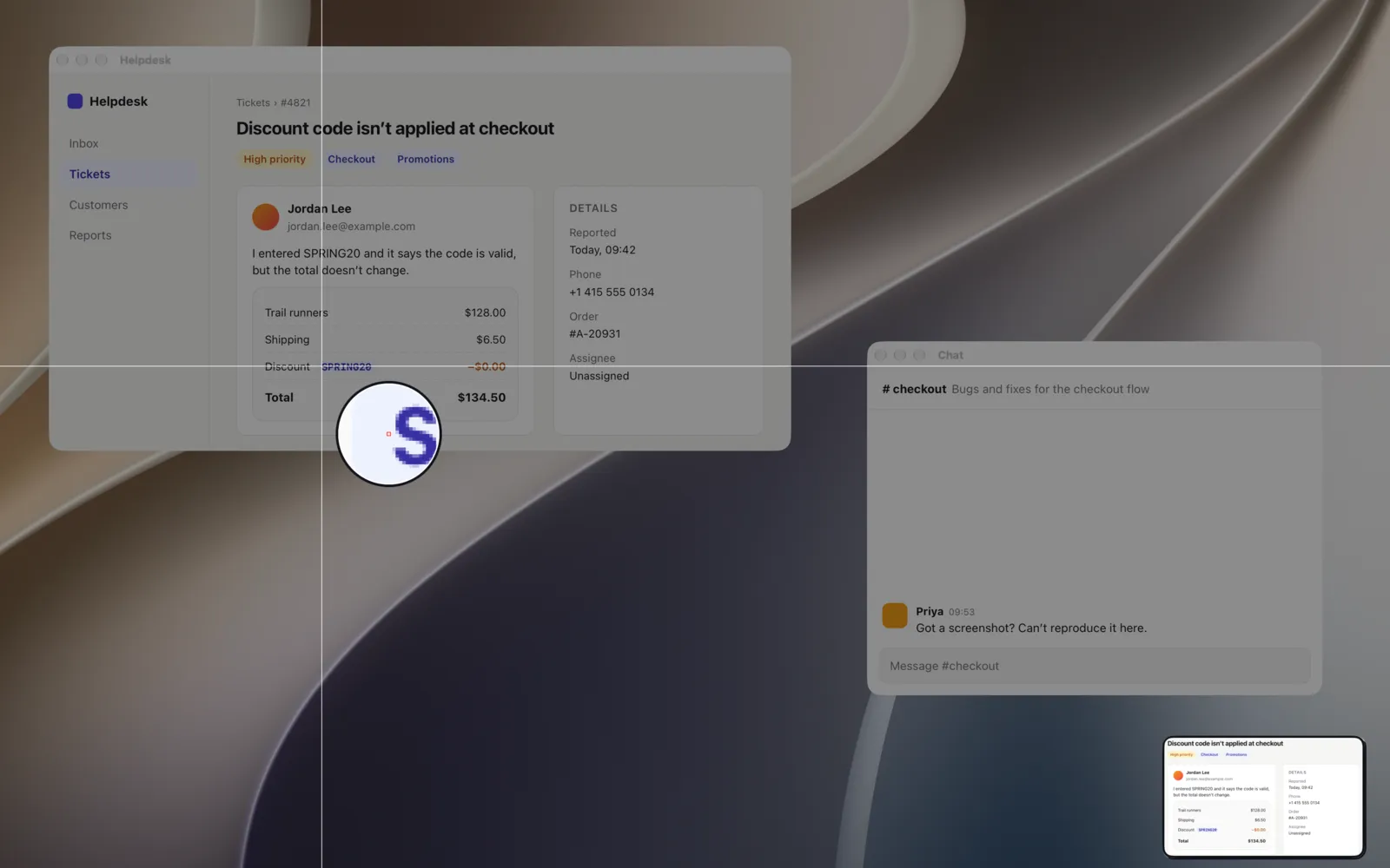Selecting an area with the magnifier, then the Quick Access card in the corner of the screen