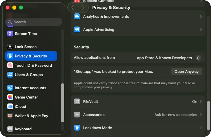 Privacy & Security in System Settings, with the Open Anyway button next to the message that Shot was blocked