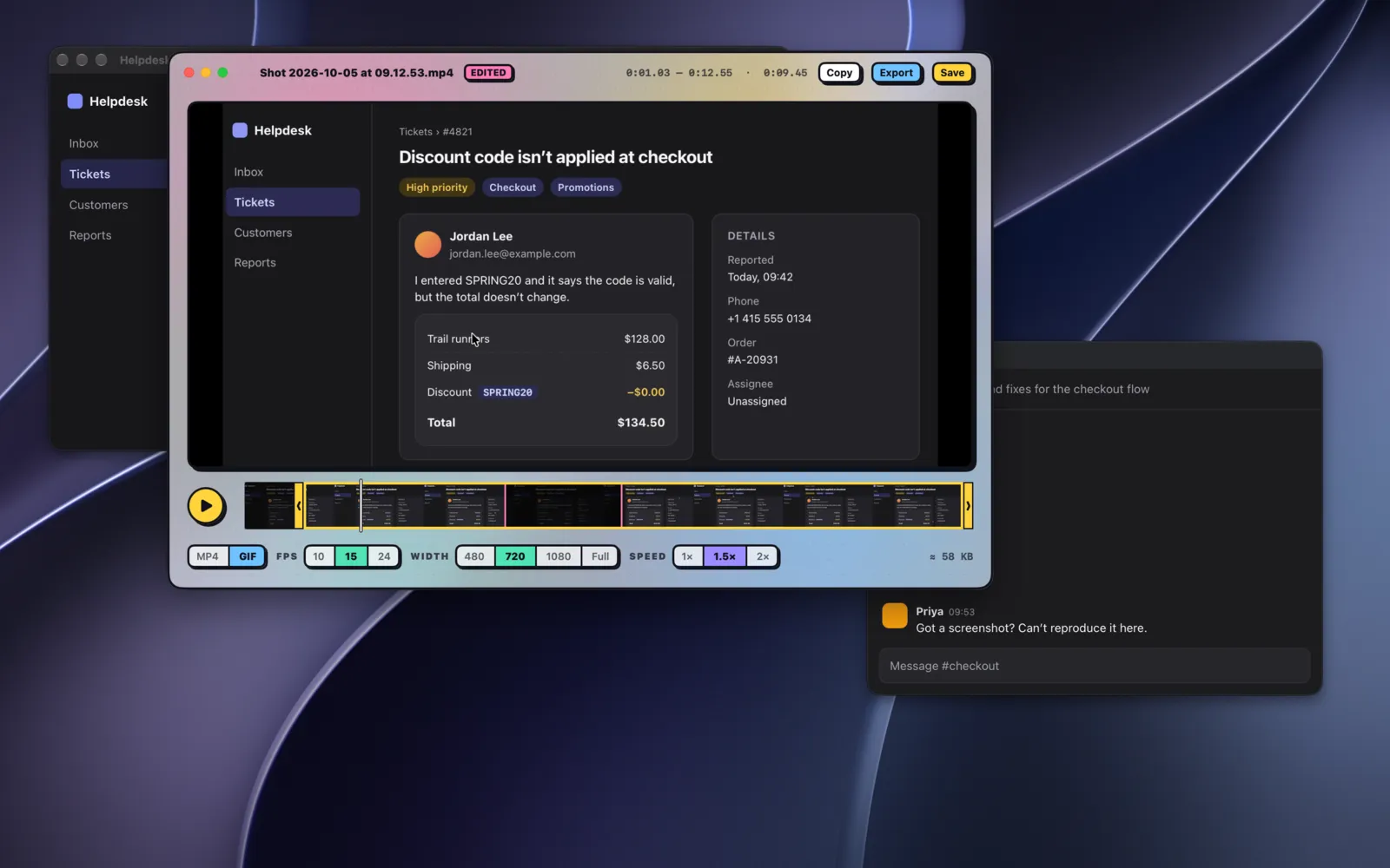 The video editor with trim handles, a cut, and the GIF export options
